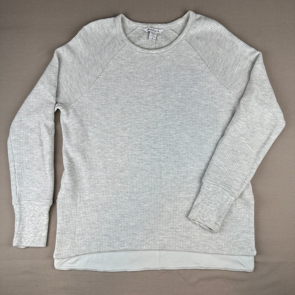 Athleta Women Gray Waffle Knit Raglan Pullover Sweatshirt Thumbholes Size S